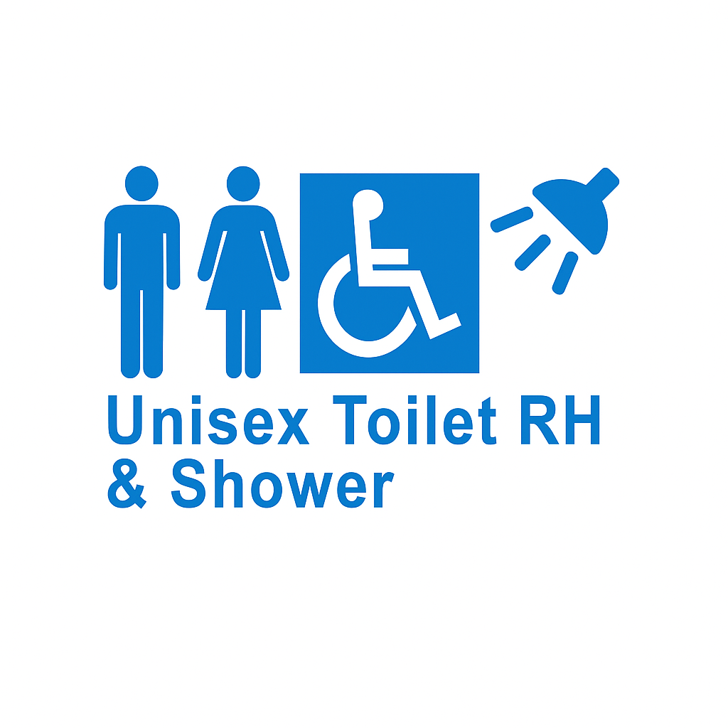 Unisex toilet and shower sign with accessibility icon on a white background