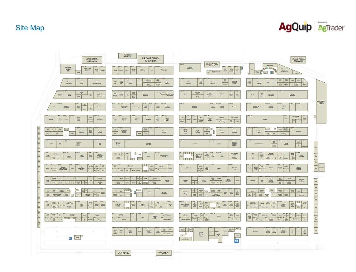 Site map with various sections labeled, featuring the AgQuip logo.