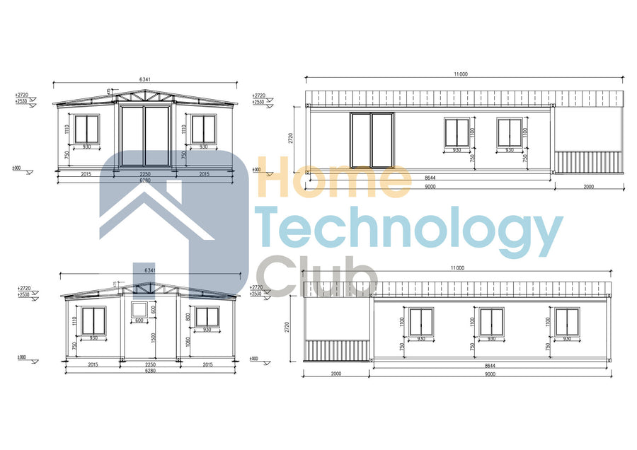 Blueprint of a VIOLET30 and roof with patio extension with dimensions