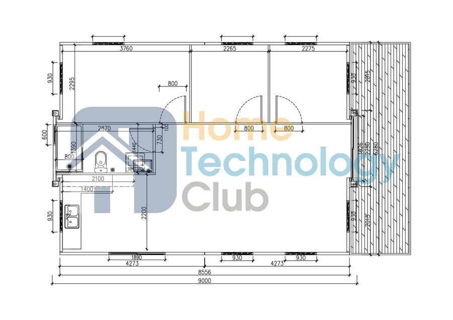 Floor plan drawings for VIOLET30 and roof with patio extension