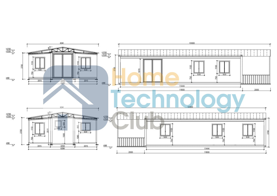 Blueprint of a VIOLET40 and roof with patio extension with dimensions