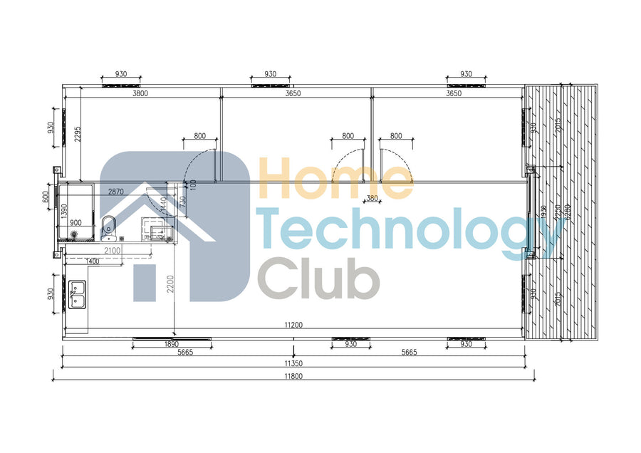 Floor plan drawings for VIOLET40 and roof with patio extension